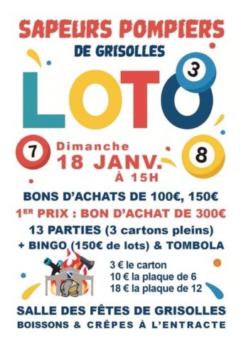 GRISOLLES : Loto de l' Amicale des Pompiers le 18/1