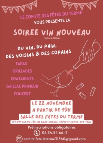 VILLEMUR le Terme : Soirée vin nouveau le 22/11